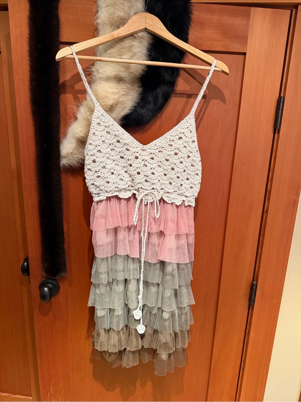 imPRESS Crochet Bodice Tiered Ruffle Slip Dress in Pink, Gray, Taupe